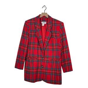 Vintage Red Tartan Longline Plaid Blazer Women's Size 12 Holiday Christmas